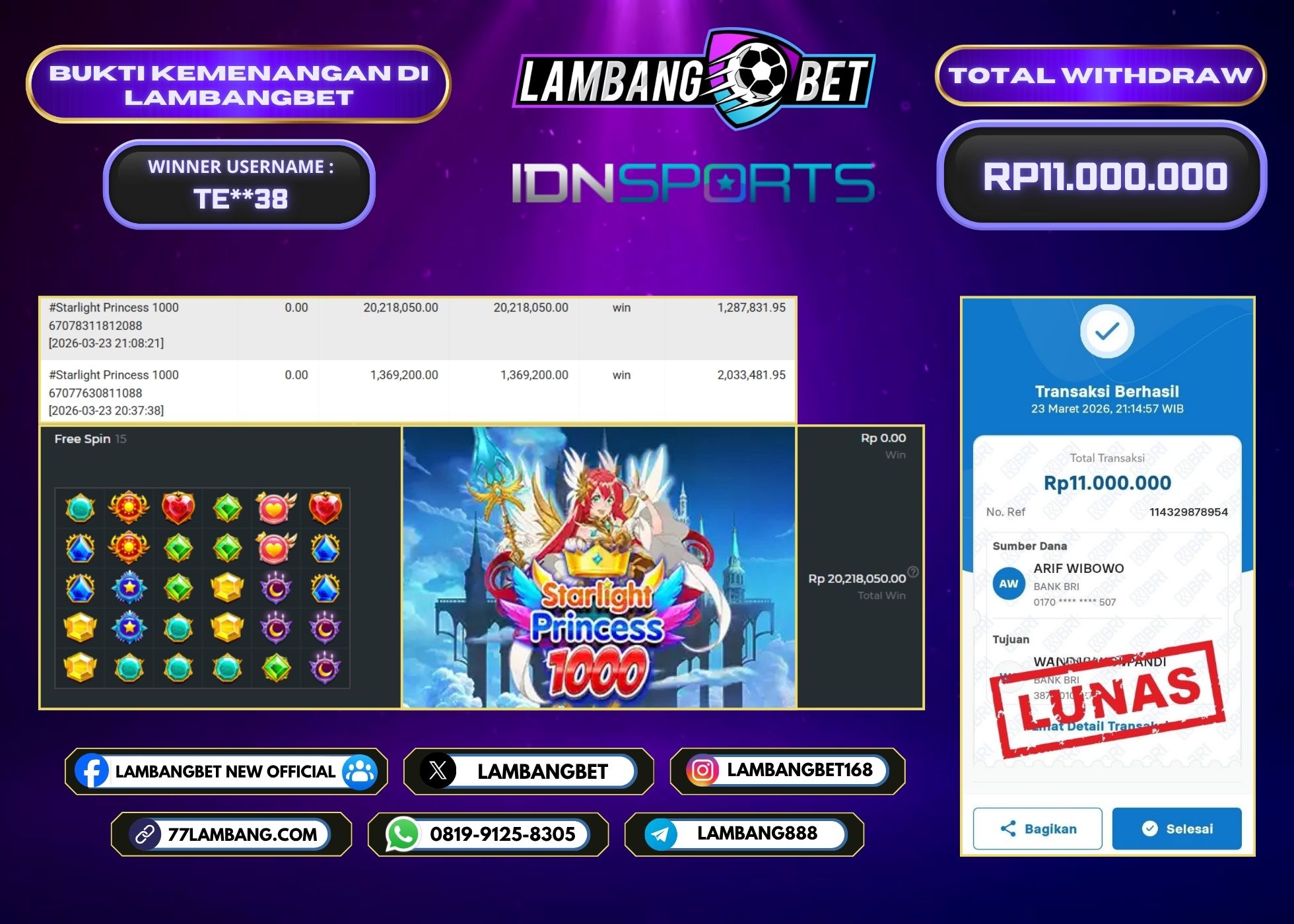 LAMBANGBET [23 MARET 2026] JACKPOT SLOT Starlight Princess 1000 "Rp11.000.000" LUNAS